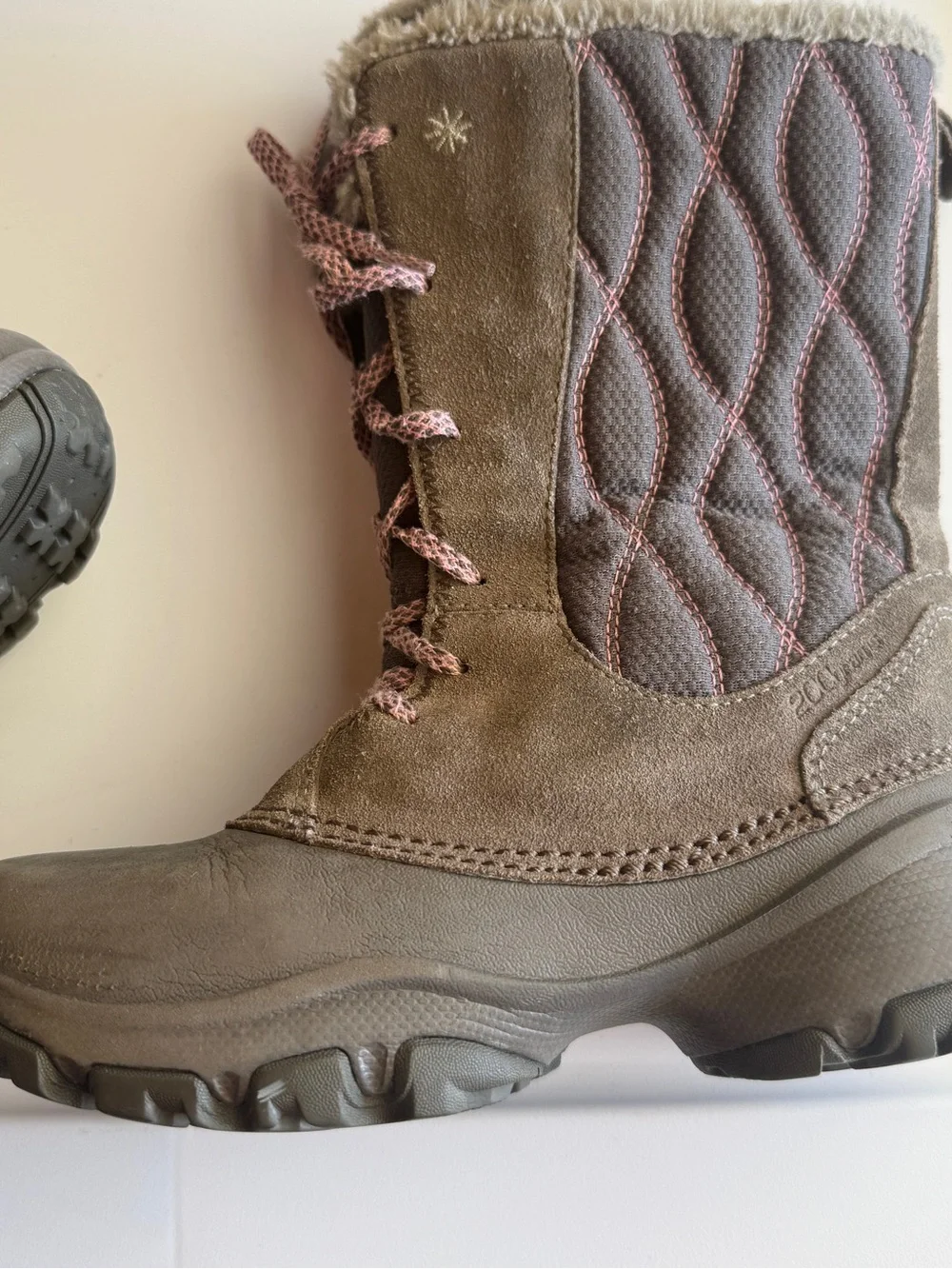 Columbia Brown Taupe & Pink Lace-Up Winter Boots with Faux Fur Collar Girls Sz 3